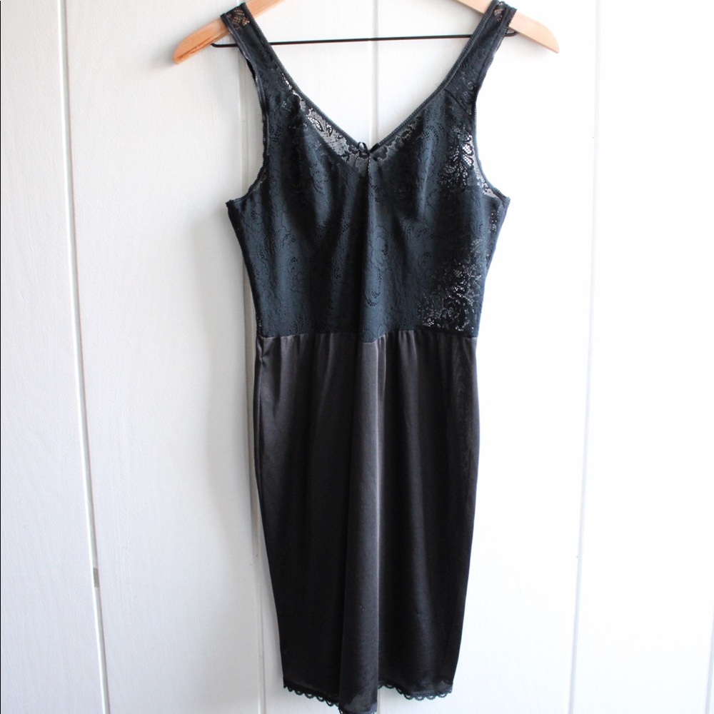 1980s Vintage Nylon + Lace Lingerie Black Warner’s Slip Dress